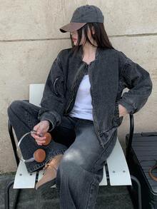 DAZY 女式休闲水洗街头风格牛仔夹克和宽松牛仔裤套装