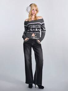 ROMWE Avant Suéter de punto vintage estilo Fairisle con hombros descubiertos para mujer - Blanco - Ver 2