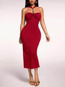 Radiana 女士性感优雅简约时尚红色金属链吊带紧身中长连衣裙，适合约会、聚会、派对、日常外出、正式礼服 - 紅色 - 查看 4
