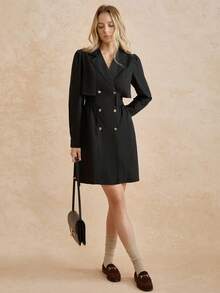 Écloséra 法国复古时尚简约束腰双排扣中长款风衣 - 黑色 - 查看 6