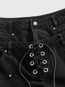 ROMWE MEN Grunge Punk Men's Multi-Waistband Tie Pocket Wide Leg Loose Casual Jeans, Grunge - Black - View 3