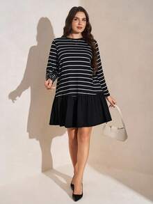 Comfylo Plus Size Casual Everyday Striped Round Neck Ruffle Hem Dress, Autumn Dresses For Women - Black and White - View 5