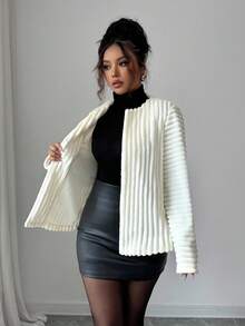 Elenzga 25-30+ 休闲聚会秋冬条纹毛绒圆领长袖优雅女士夹克 - 杏色 - 查看 7