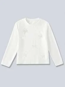 Sparklyn Tween-Mädchen Einfarbiges, lässiges T-Shirt mit Rundhalsausschnitt, langen Ärmeln und Schleifendekor aus Kunstperlen