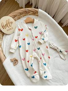 新生女婴可爱休闲针织心形图案长袖连体衣和头带套装 - 白色 - 查看 7