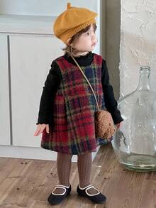 DAZY 女童格子韩版无袖方领中长连衣裙，秋冬圣诞款