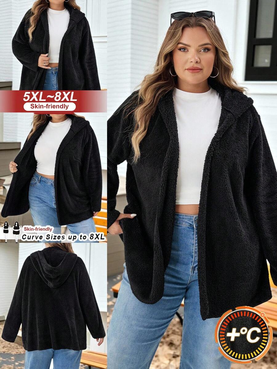 SHEIN CURVE+ 大码休闲简约秋冬居家休闲黑色双面绒宽松连帽女外套 - 黑色 - 查看 1