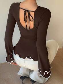 Siren Gaze Elegant Commuter Colorblock Ruffle Trim Fitted Women T-Shirt Winter Brown