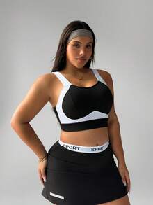 Rhythm Era Plus Size High Impact Sports Bra, Fashion Black & White Patchwork, Supportive Fixed Cup, Adjustable Shoulder Straps Plus Workout Set Plus Size Sports Bra Set Curve Workout Set Workout Curve Activewear Set Plus Active Wear Set Harley Quin - Black and White - View 4