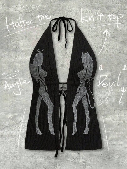 Y2Kool BiGraphic Parte superior de tirantes finos con estampado de ángel y demonio, espalda descubierta, adecuado para fiesta, Halloween, uso diario en otoño. Chaleco negro de mujer con estilo gótico, ropa de mujer para verano, ropa Y2K, parte superior de punto con escote halter, parte superior de punto negra con escote halter, parte superior de punto con escote halter, colección de ropa elegante, atuendos de Año Nuevo