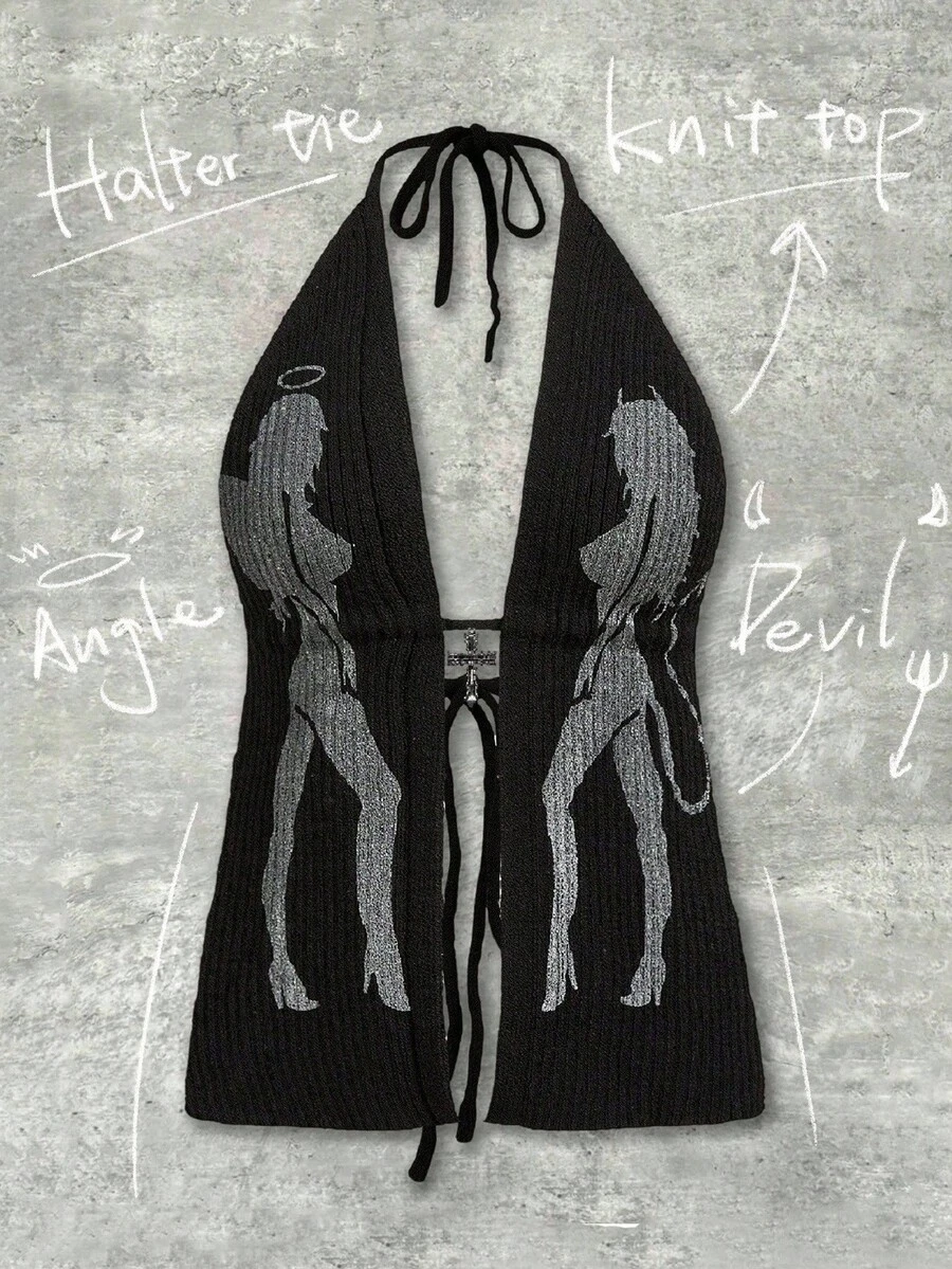 Y2Kool BiGraphic 女士天使恶魔印花针织吊带背心，性感露背细肩带，适合派对、万圣节、秋季街头穿着，黑色吊带背心，个性女装，哥特风夏季Y2K露背吊带上衣，针织吊带上衣，黑色吊带上衣，哥特风吊带上衣，搭配灵感，时尚系列，新年辣妹风印花上衣 - 黑色 - 查看 1