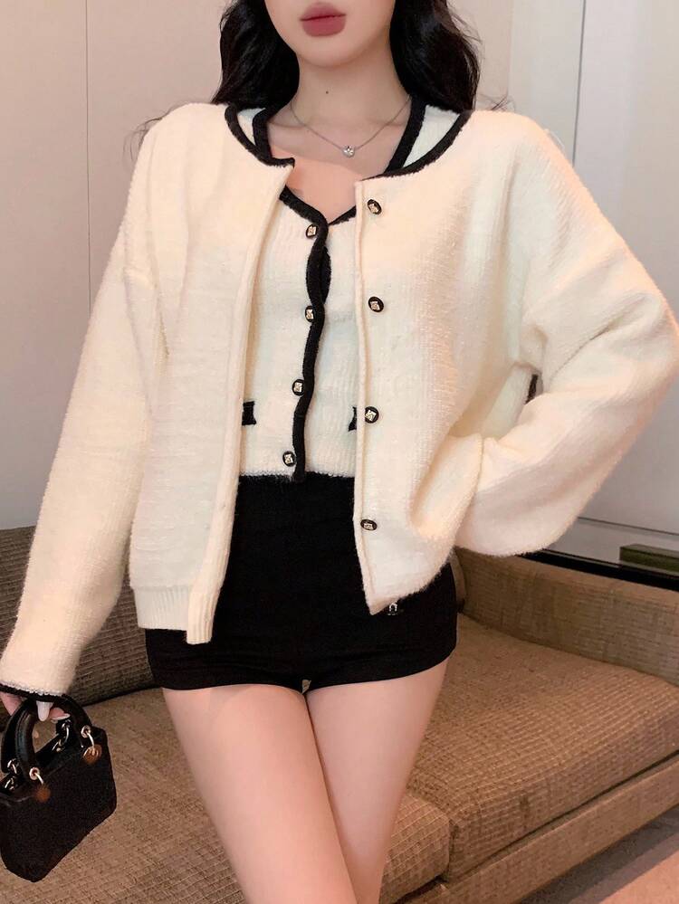2pcs Women Patchwork Contrast Trim V-Neck Loose Long Sleeve Cardigan Sweater Set, Casual Autumn/Winter