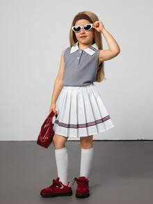 Hanevo 女童马球领无袖上衣 + 百褶迷你裙 2 件套，夏季 - 灰色 - 查看 1