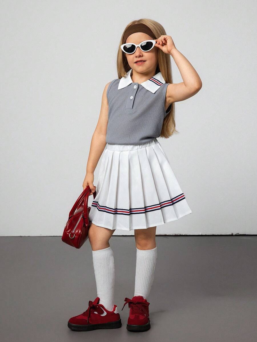 Hanevo 女童马球领无袖上衣 + 百褶迷你裙 2 件套，夏季 - 灰色 - 查看 1