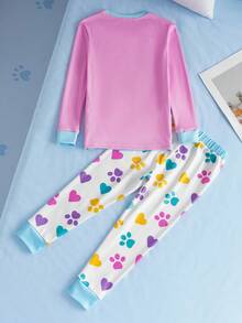 SHEIN | PAW Patrol 2pcs/Set Young Girl Cute Cartoon Puppy Pattern Round Neck Raglan Long Sleeve Top And Leggings Knit Comfortable Stretchy Pajama Set