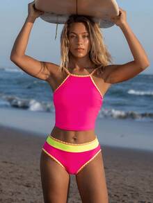 Swim SPRTY New Multicolor Patchwork Strap Elegant Vacation Women's Camisole Strap Bikini Top