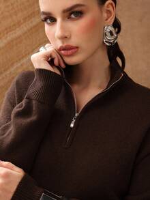 Modelyn 女式优雅拉链针织毛衣裙 - 棕色 - 查看 2
