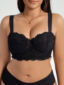 Áo ngực ren gọng màu đen cỡ lớn có dây đeo bản rộng, nâng đỡ và hỗ trợ thoải mái - màu đen - Xem 3