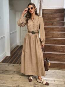 LanaWest Women's Khaki Flowy Fabric Stand Collar Ruffle Trim Half-Placket Button Niche Design Western Casual Loose Flared Dress, Autumn