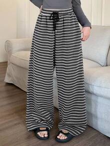 DAZY 女士舒适条纹拉绒宽松睡裤，秋冬款 - 灰色 - 查看 6