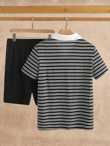 HIMLAND 男士夏季休闲度假黑白条纹印花撞色V领短袖Polo衫和抽绳腰短裤套装 - 彩色 - 查看 2