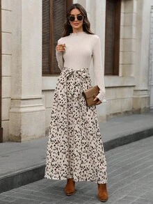 EMERY ROSE 女式立领长袖印花下摆休闲连衣裙 - 杏色 - 查看 5