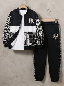 SHEIN Explorewe 2pcs Boys' Fashion Jacket And Pants Set, Soft And Comfortable Fabric, Suitable For Outdoor, Autumn/Winter, Sports, School, And Various Occasions. Essential Stylish Jacket And Pants Set For Boys In 2025 Back-To-School Season Fall