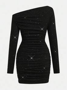 Girlism Teen Girls Ruffled Asymmetric Shoulder Mini Dress - Black - View 2