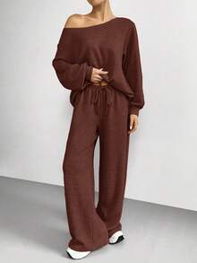 SHEIN EZwear Ensemble Top et pantalon décontracté unicolore pour femmes - Acajou - Voir 5
