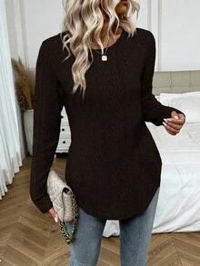 EMERY ROSE Women's Elegant Cable Pattern Crew Neck Long Sleeve Sweater, Autumn/Winter - Brown - View 3