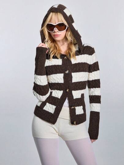 J-Fashion Casual Hooded Striped Cardigan With Single-Breasted Closure For Women, Nature-Inspired