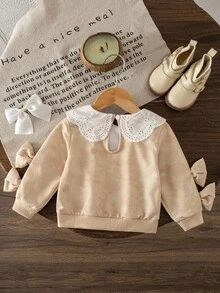 SHEIN 女婴秋冬时尚3D蝴蝶结彼得潘领卫衣 - 杏色 - 查看 2