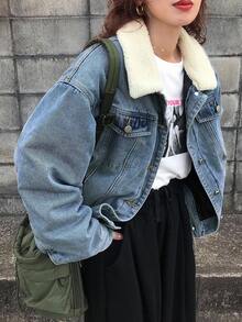 FRIFUL Women's Medium Wash Blue Contrast Faux Shearling Collar Hem Drawstring Loose Casual Versatile Padded Coat Jacket - Blue - View 3