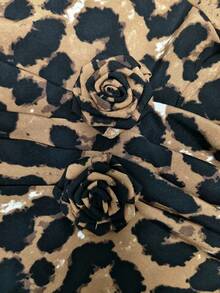 Maweii Plus Size Women's Elegant Casual Blouse With Oblique Shoulder, Ruffle, Rose Flower, Waist Cinching, Leopard Print, Suitable For Spring, Autumn, Winter