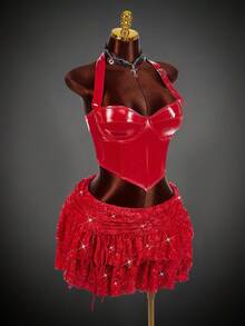 Amplova 大码女式闪亮亮片蕾丝分层 A 字裙，适合万圣节派对 - 紅色 - 查看 5