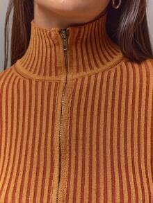 MUSERA 罗纹高领拉链开衫，春季休闲Y2K 90年代条纹可爱机场度假夏季返校冬季日常晚宴派对优雅 - 巧克力棕 - 查看 6