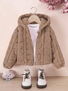 SHEIN Elladie kids Áo khoác len lông mềm mại cho bé gái, màu hồng, khóa kéo phía trước, họa tiết trái tim, áo khoác cardigan trùm đầu dễ thương cho mùa thu/đông - Cà phê nâu - Xem 5