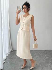 Livesso Damen einfarbiger Rundhals-Einreiher-Weste und Rock elegantes 2 Stücke Set - Beige - Übersicht 2
