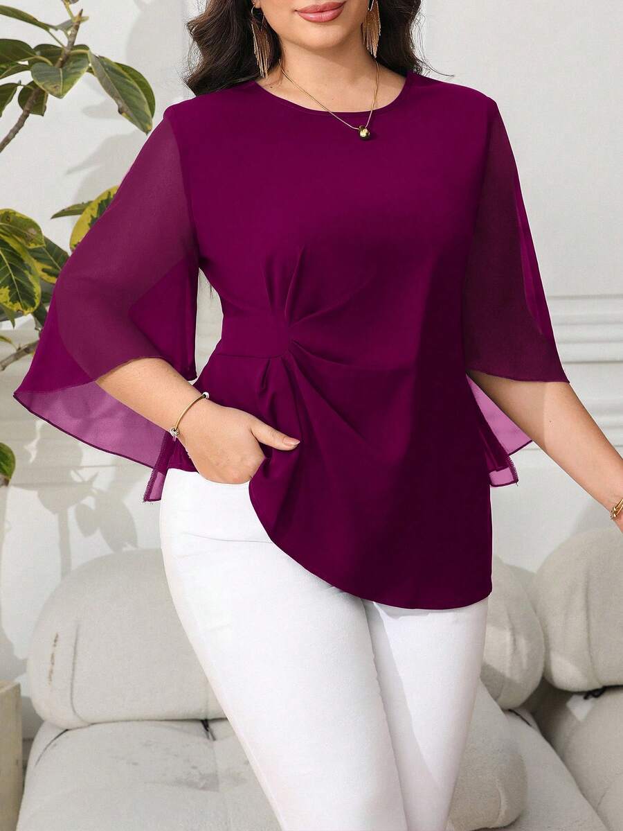 Reflora Plus Size Women's Solid Color Round Neck Flare Sleeve Waist Ruched Design Fashion Blouse - Rusty Rose - View 1