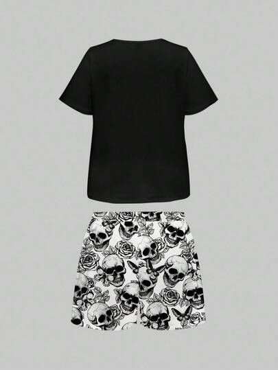 Goth Ensemble pyjama court à imprimé intégral tête de mort gothique avec toile d'araignée et rose, hauts manches courtes et shorts, vêtements de nuit décontractés