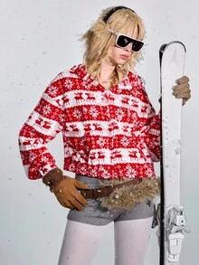 ROMWE Avant Christmas Reversible Fleece Snowflake & Deer Graphic Hoodie - Multicolor - View 5