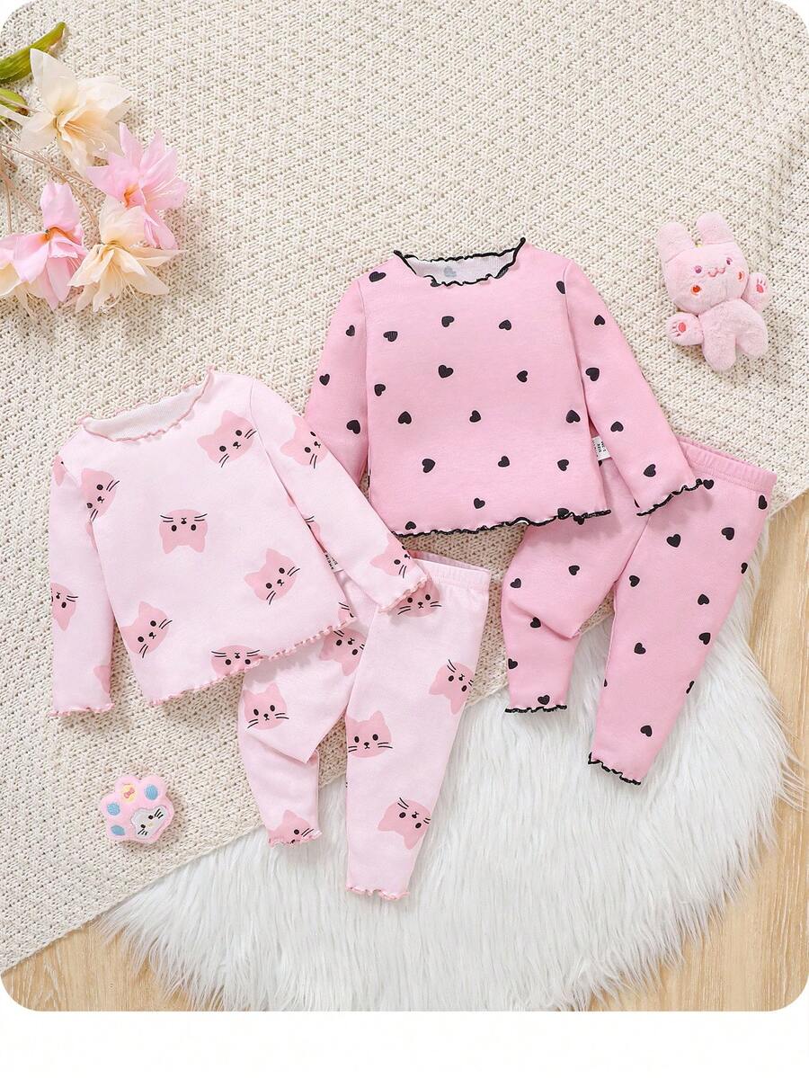 4 件套新生女婴可爱卡通印花针织弹力长袖上衣和松紧腰长裤，秋冬
