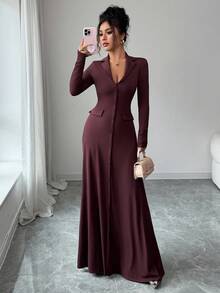 SHEIN Elenzya 女式标准尺码纯色罗纹修身优雅针织连衣裙，秋冬 - 咖啡 - 查看 3