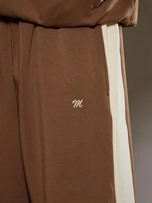 Musero 超大款针织高级运动裤，撞色拼接，弹性抽绳腰带，仅限裤装，秋/春夏款 - 卡其色 - 查看 2