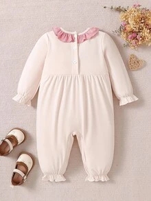 SHEIN 女婴休闲可爱荷叶边领蝴蝶结长袖连体衣 - 杏色 - 查看 2