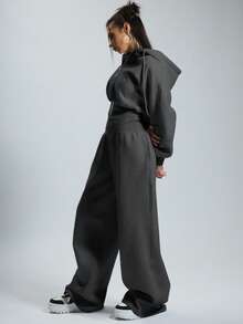 MUSERA 连帽拉链连体裤，收腰设计，休闲居家风格，胶囊衣橱必备单品，日常百搭，冬季机场时尚，黑色，春夏皆宜 - 深灰色 - 查看 4