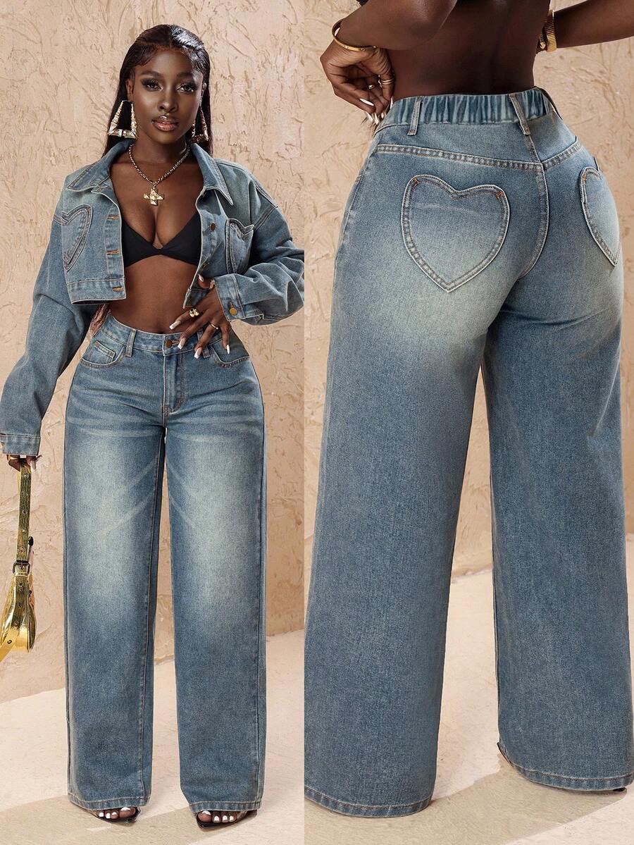 Slaydiva Plus Size Casual Washed Heart Pocket Wide Leg Jeans,Valentine's Day - Blue - View 1