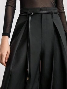 Ontre 女士黑色宽松百搭阔腿西装裤，带侧袋，正面倒褶设计，优雅精致的都市休闲商务装 - 黑色 - 查看 6