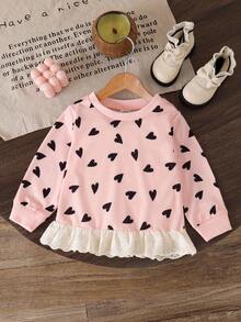 SHEIN Baby Girls' Fashion Embroidered Ruffle Hem Printed Sweatshirt Fall Winter - Pink - View 2