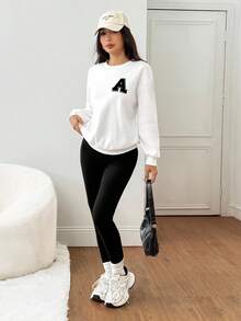 SHEIN PETITE 女秋冬新款运动卫衣打底裤套装休闲显瘦家居服小码升级版 - 黑與白 - 查看 4
